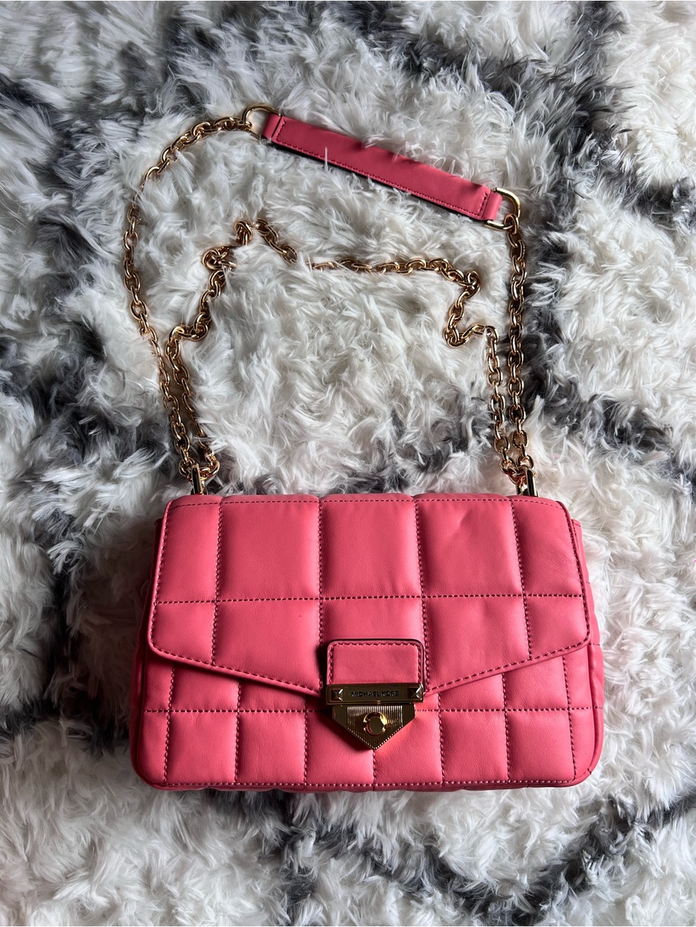 Michael Kors Quilted Coral Pink Shoulder Bag with Gold Chain